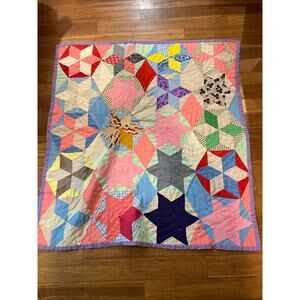 Vintage 70s Patchwork Knit Blanket: Colorful Retro Throw 48x52”